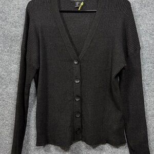 Black Ribbed Button-Up Cardigan